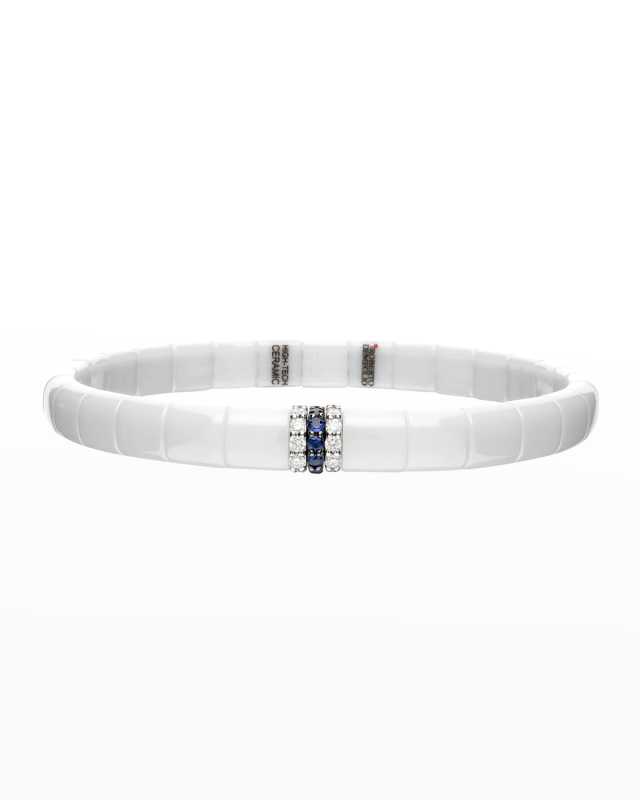 White Gold and White Ceramic Pura Stretch Bracelet with Diamonds and Blue Sapphires